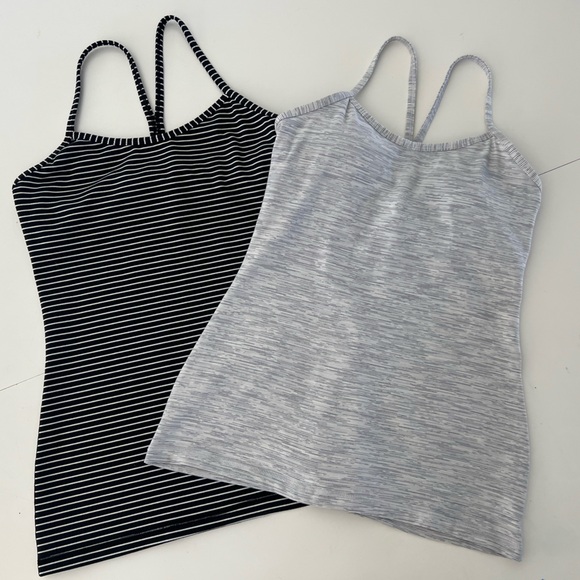 Set Of Two Lululemon Power Y Athletic Tank Tops White Silver Spoon & Mod Stripe - Picture 1 of 12